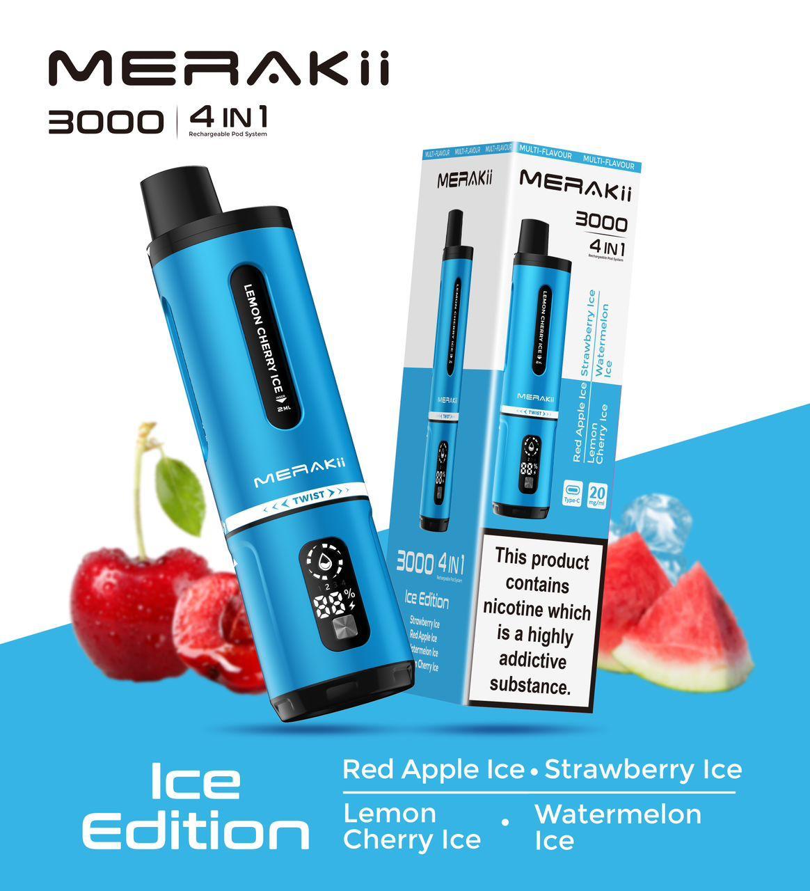 Merakii 3000 Puffs Disposable Vape 4 in 1 Pod System Kit Box of 5