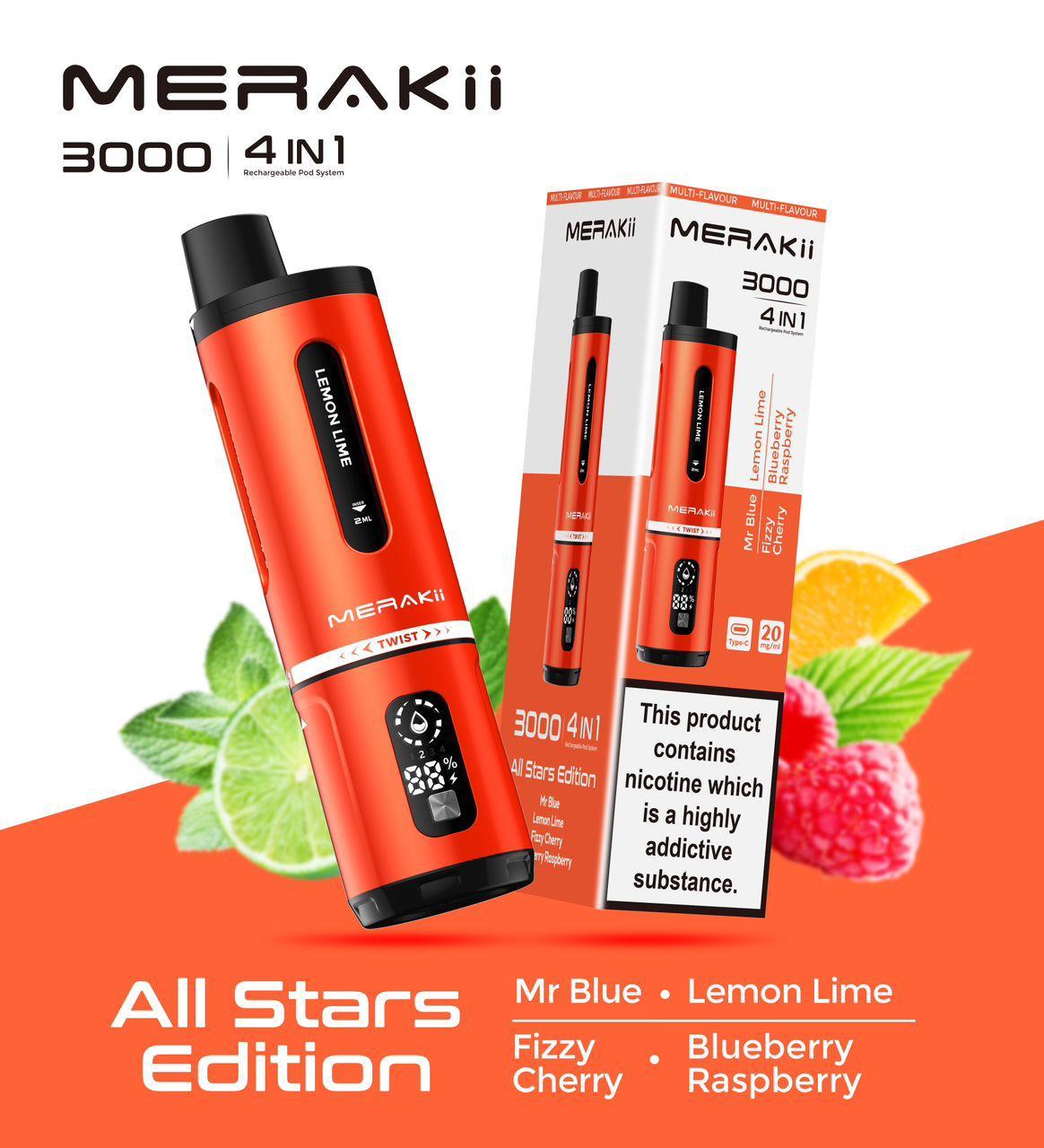 Merakii 3000 Puffs Disposable Vape 4 in 1 Pod System Kit Box of 5