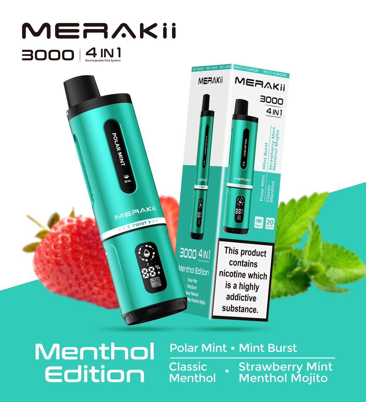 Merakii 3000 Puffs Disposable Vape 4 in 1 Pod System Kit Box of 5