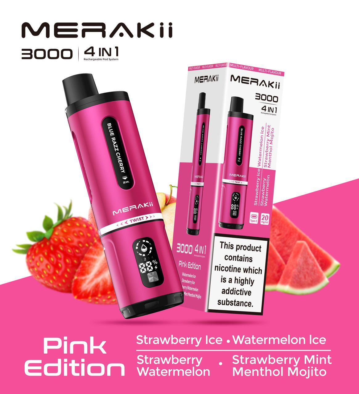 Merakii 3000 Puffs Disposable Vape 4 in 1 Pod System Kit Box of 5