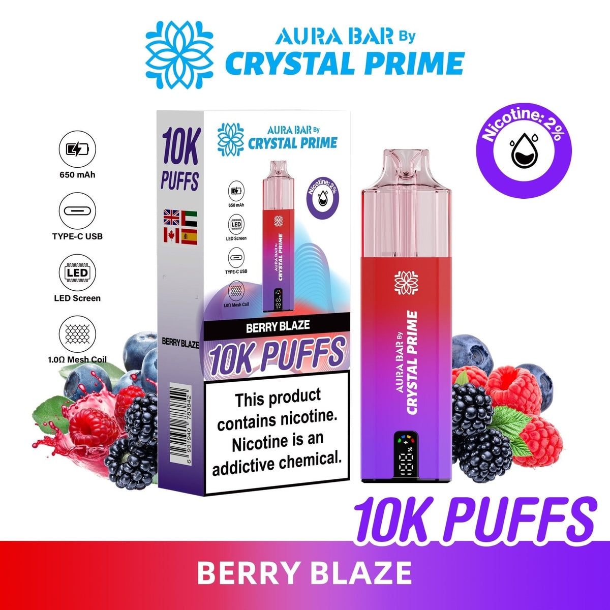 buy Aura Bar 10000 Disposable Vape By Crystal Prime - Pack of 5 at Wolfvapes.co.uk