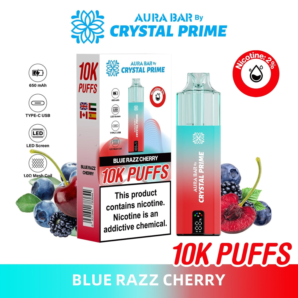 buy Aura Bar 10000 Disposable Vape By Crystal Prime - Pack of 5 at Wolfvapes.co.uk