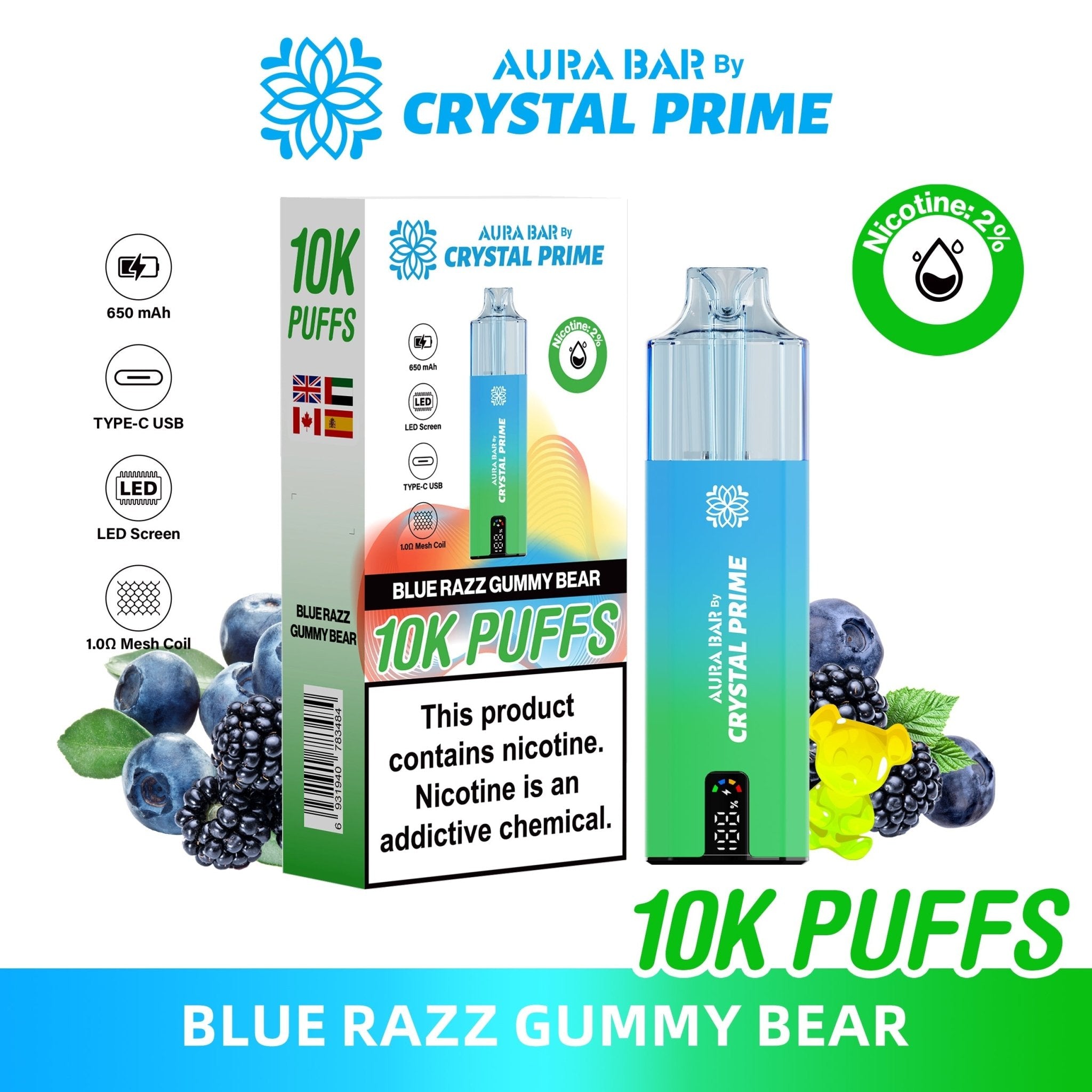 Aura Bar 10000 Prefilled Pod Vape By Crystal Prime - Pack of 5 Aura Bar 10000 Prefilled Pod Vape By Crystal Prime - Pack of 5