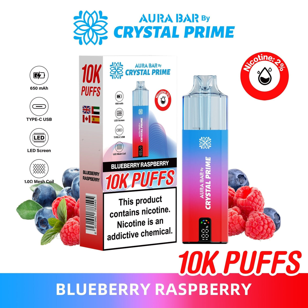 buy Aura Bar 10000 Disposable Vape By Crystal Prime - Pack of 5 at Wolfvapes.co.uk