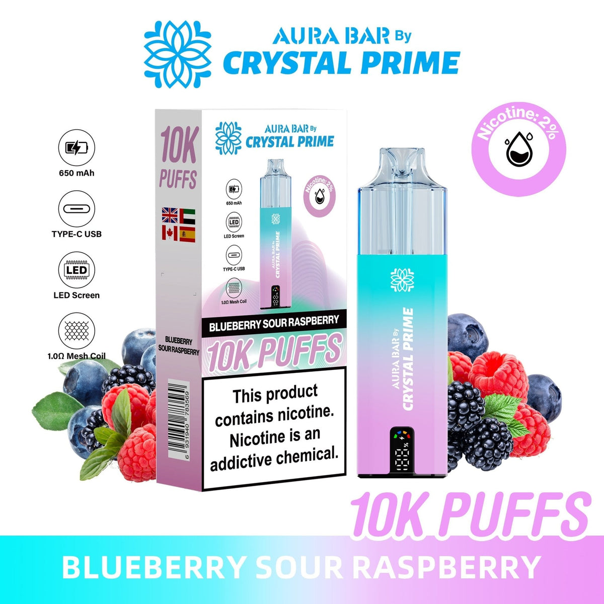 buy Aura Bar 10000 Disposable Vape By Crystal Prime - Pack of 5 at Wolfvapes.co.uk
