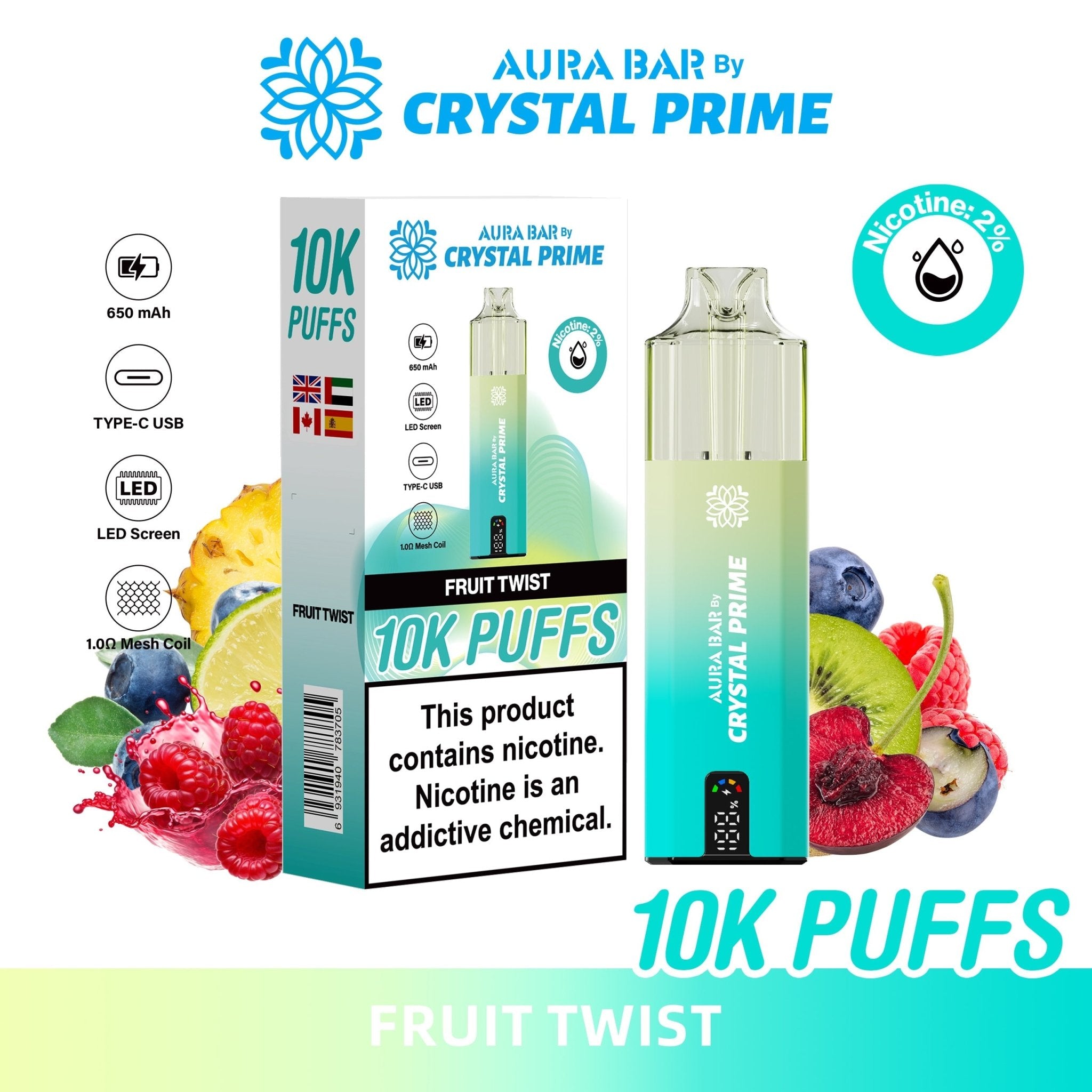 Aura Bar 10000 Prefilled Pod Vape By Crystal Prime - Pack of 5 Aura Bar 10000 Prefilled Pod Vape By Crystal Prime - Pack of 5