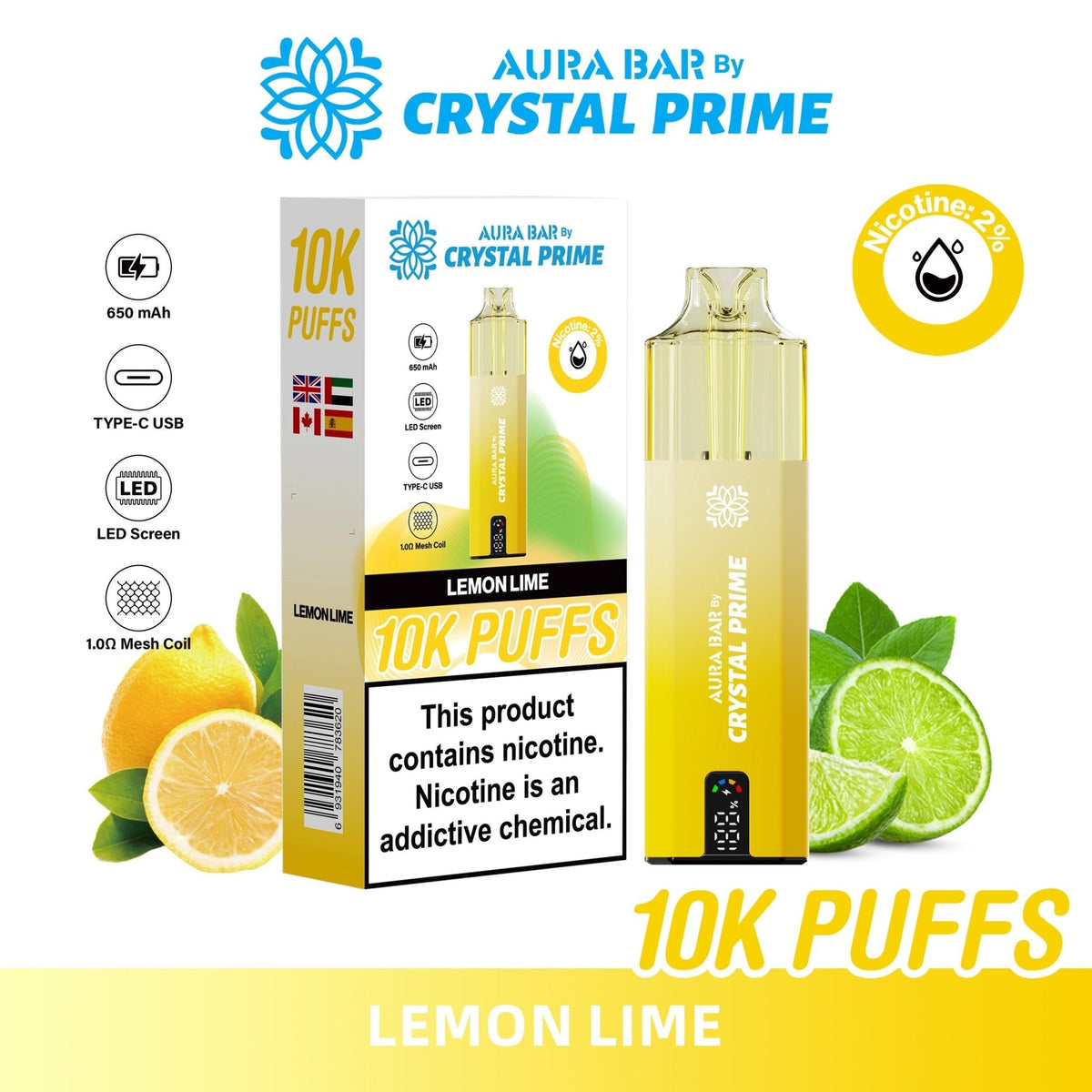 buy Aura Bar 10000 Disposable Vape By Crystal Prime - Pack of 5 at Wolfvapes.co.uk