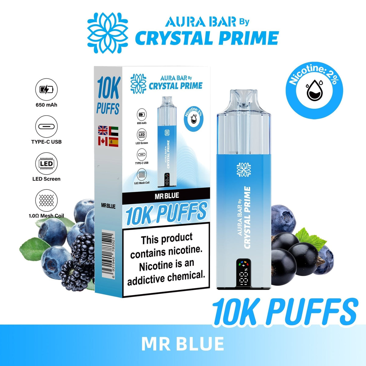 buy Aura Bar 10000 Disposable Vape By Crystal Prime - Pack of 5 at Wolfvapes.co.uk