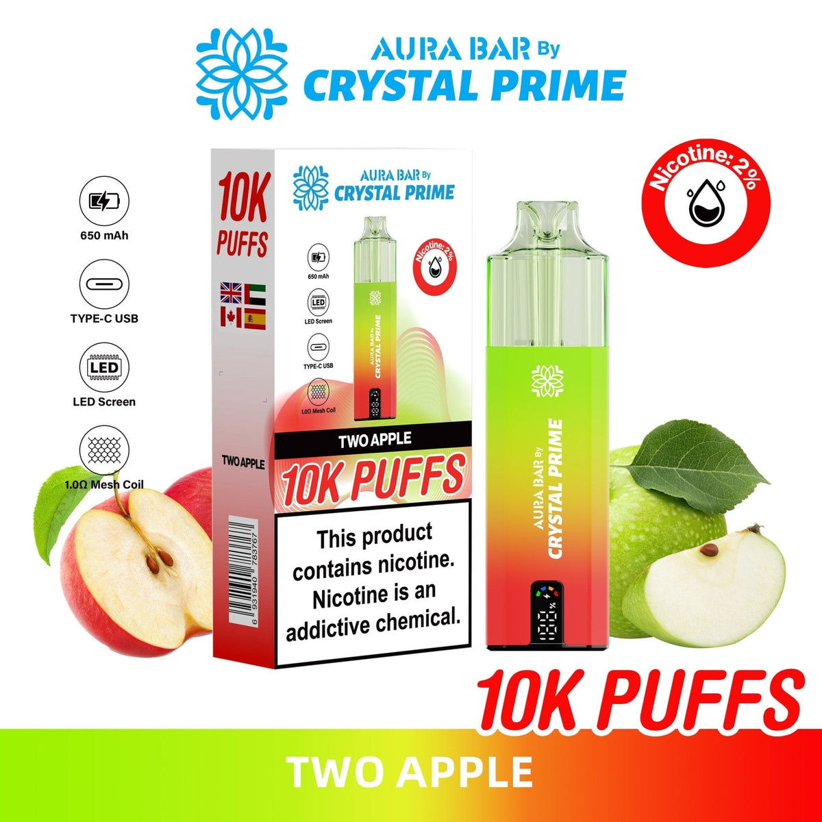 buy Aura Bar 10000 Disposable Vape By Crystal Prime - Pack of 5 at Wolfvapes.co.uk