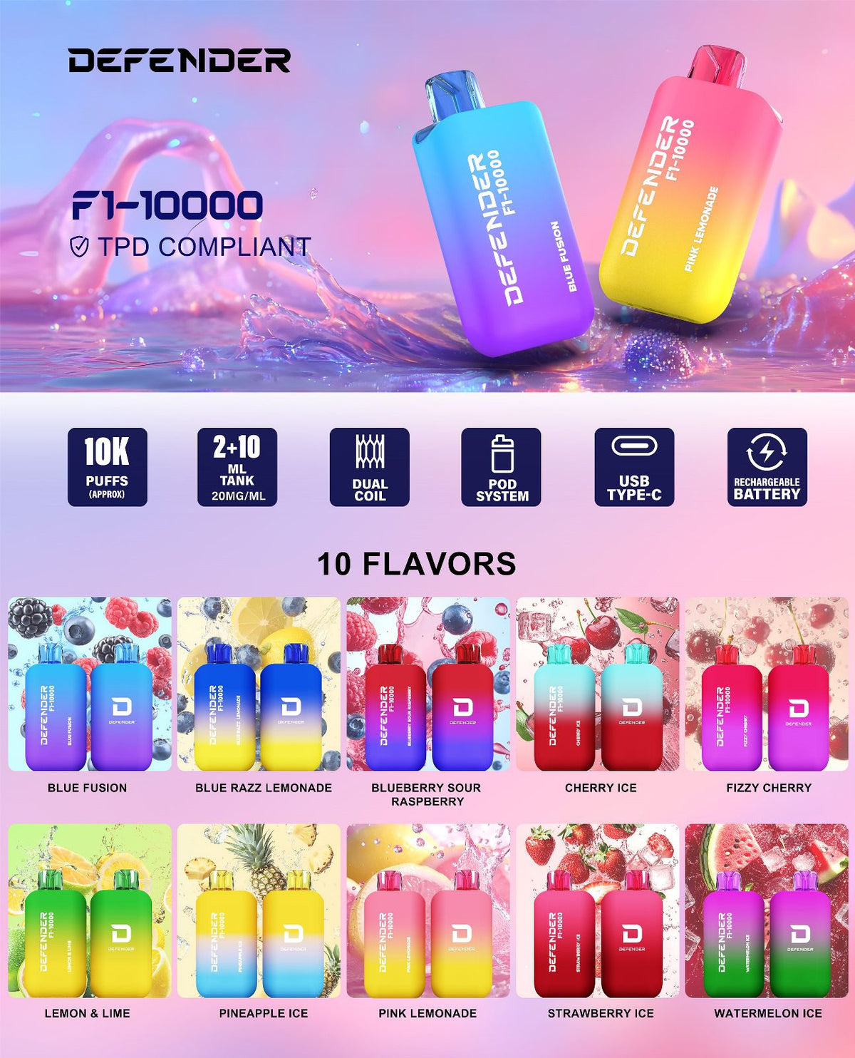 buy Defender F1 - 10000 Prefilled Pod Vape Kit at Wolfvapes.co.uk