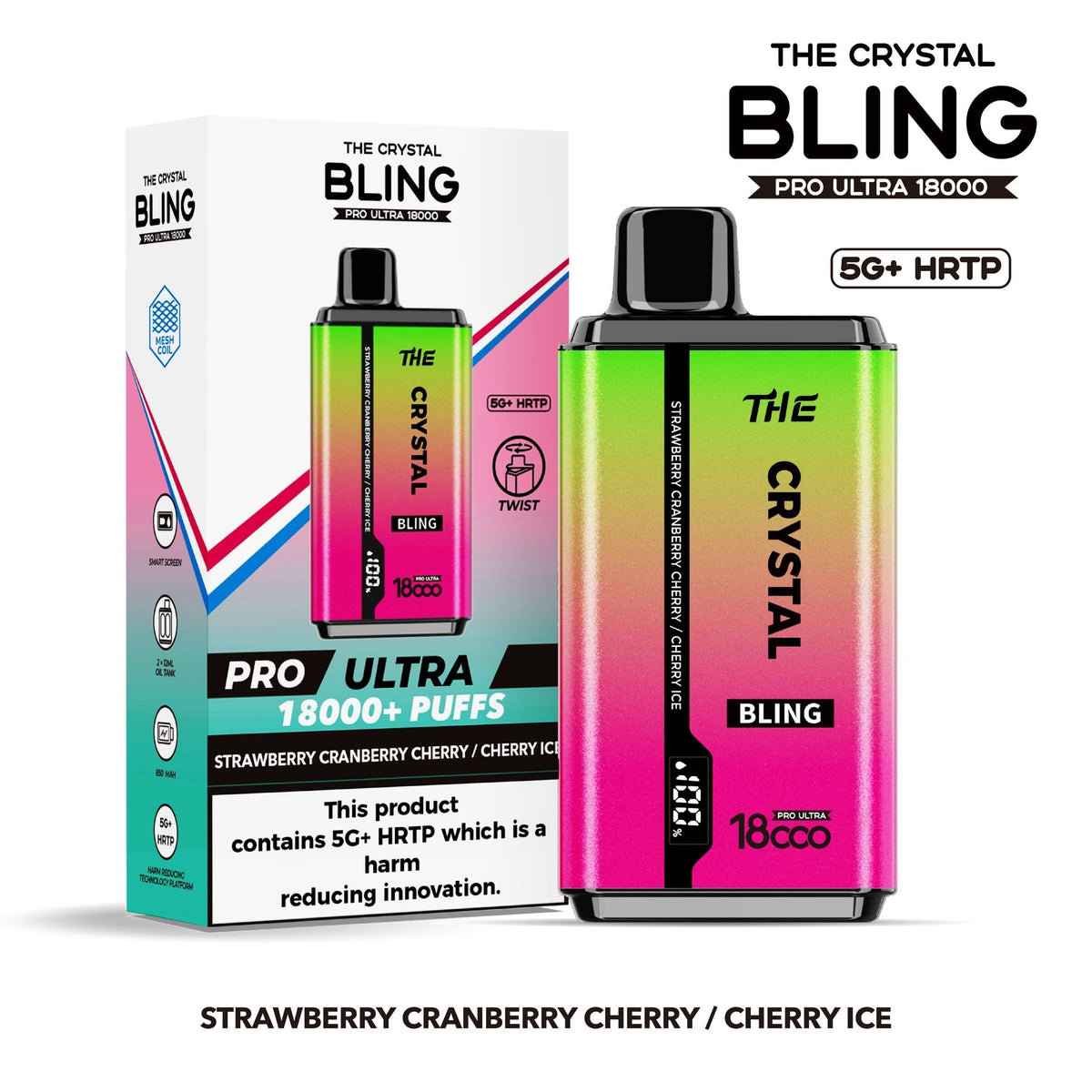 The Crystal Bling Pro Ultra 18000 Disposable Vape Box of 5 - Strawberry Cranberry Cherry / Cherry Ice - vapeukwholesale